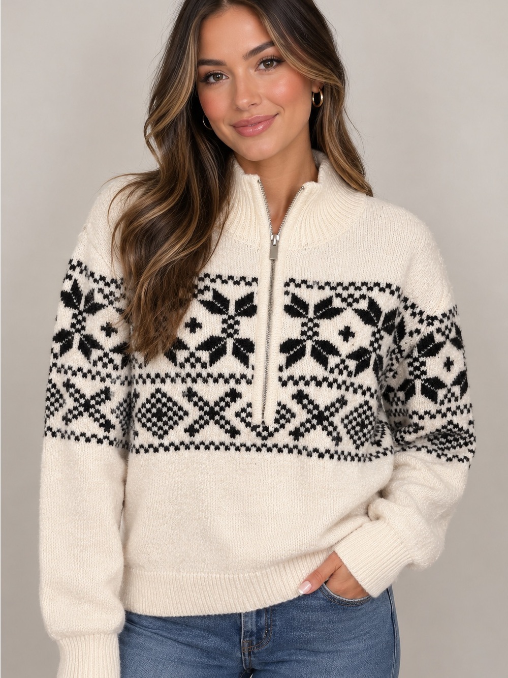Sanctuary Cream and Black Nordic Half-Zip Sweater